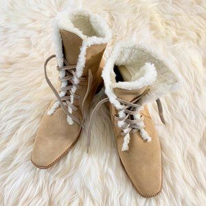 Vintage Talbots Made In Brazil Suede Fur Lined Tan Lace Up Boot Sz 7.5B